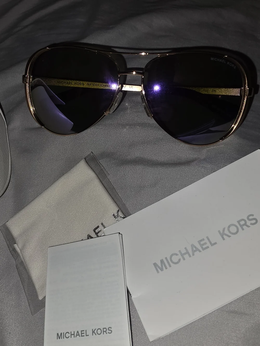 Michael Kors Gold Frame Aviator Sunglasses with Dark Blue Lenses